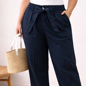 Norm Thompson Women's Tapered Leg Black Tie Waist Pants 100% Cotton Vtg NWOT 14